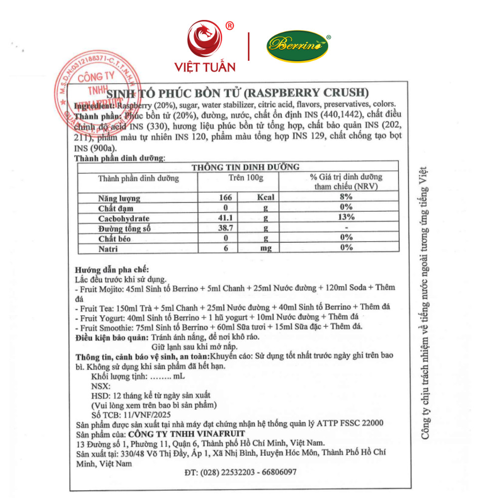 Sinh Tố Phúc Bổn Tử Berrino 1L