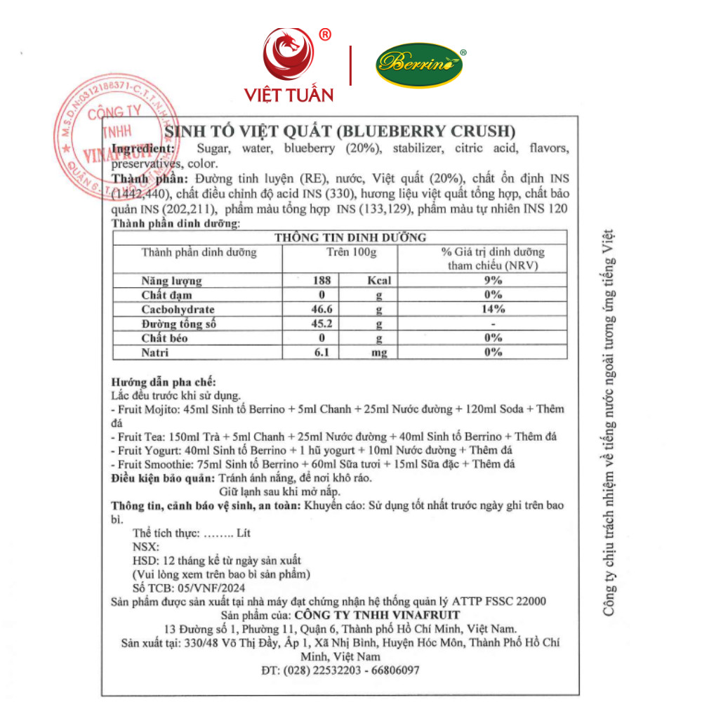 Sinh Tố Việt Quất Berrino 1L