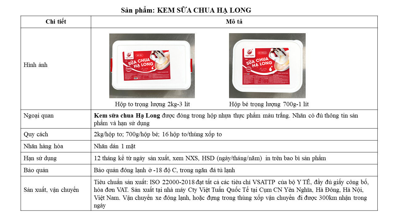 Chi tiết kem sữa chua Hạ Long Việt Tuấn 700g và 2kg