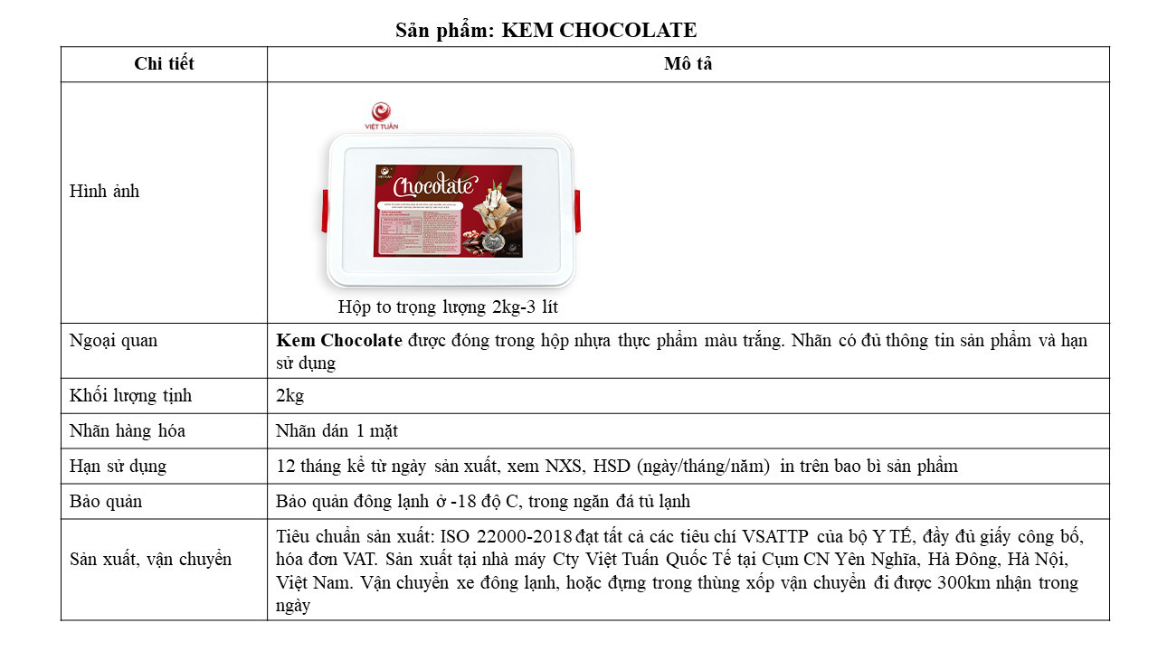 Kem Chocolate Việt Tuấn 2kg-3000ml