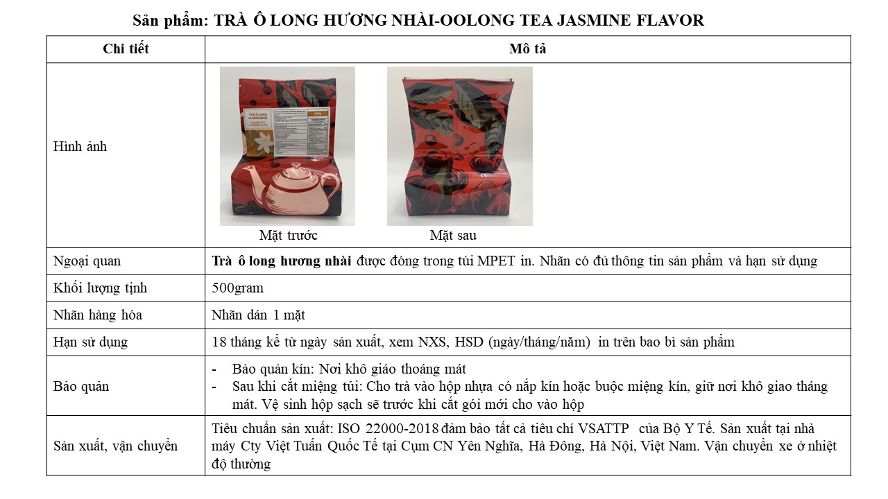 Trà Ô Long Hương Nhài - Oolong Tea Jasmine Flavor Việt Tuấn 500g