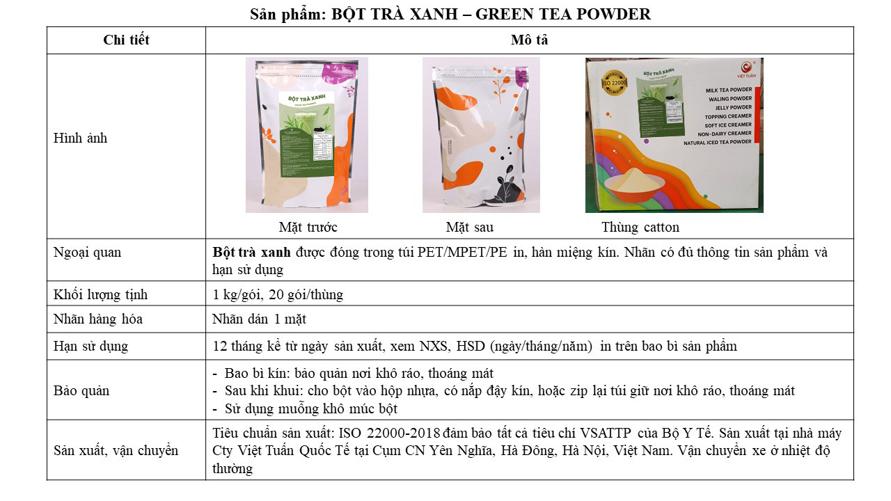 Bột Trà Xanh - Green Tea Powder Việt Tuấn 1kg