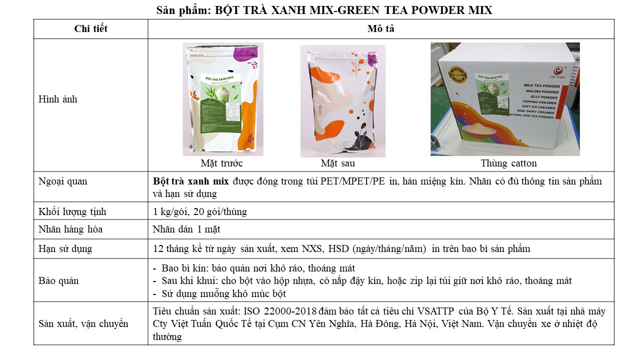 Bột Trà Xanh Mix - Green Tea Mix Powder Việt Tuấn 1kg