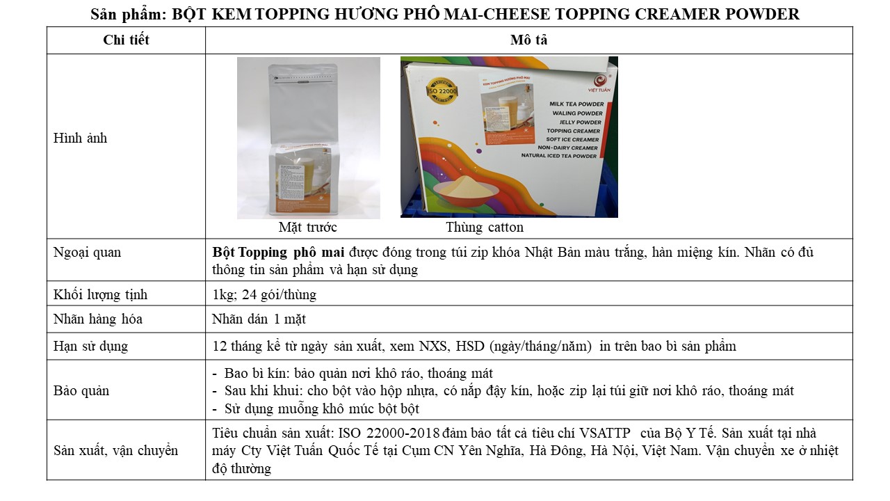 Bột Kem Topping Hương Phô Mai - Cheese Topping Creamer Powder Việt Tuấn 1kg