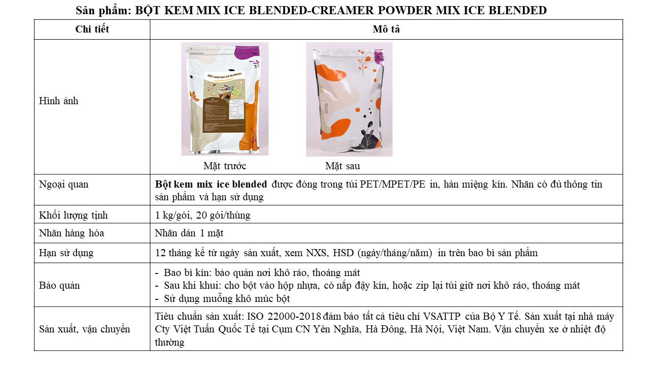 Bột Kem Mix Ice Blended - Cream Powder Mix Ice Blended Việt Tuấn 1kg