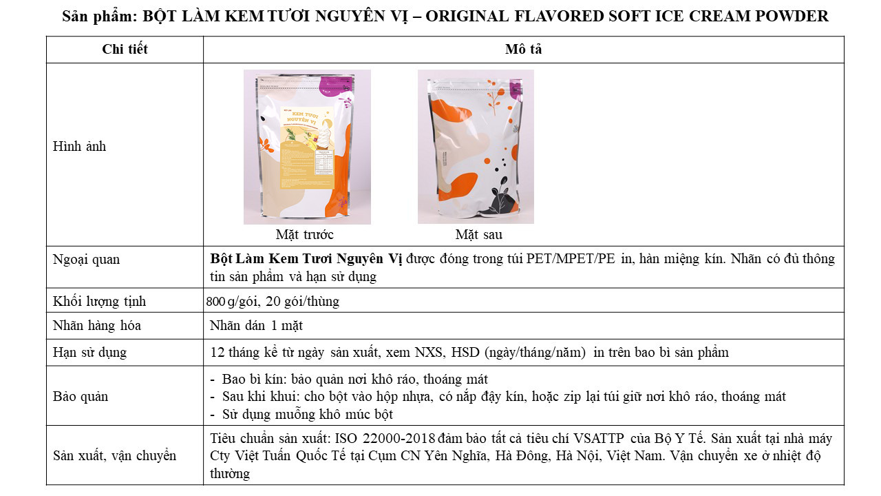 Bột Làm Kem Tươi Nguyên Vị - Original Flavored Soft Ice Cream Powder Việt Tuấn 800g