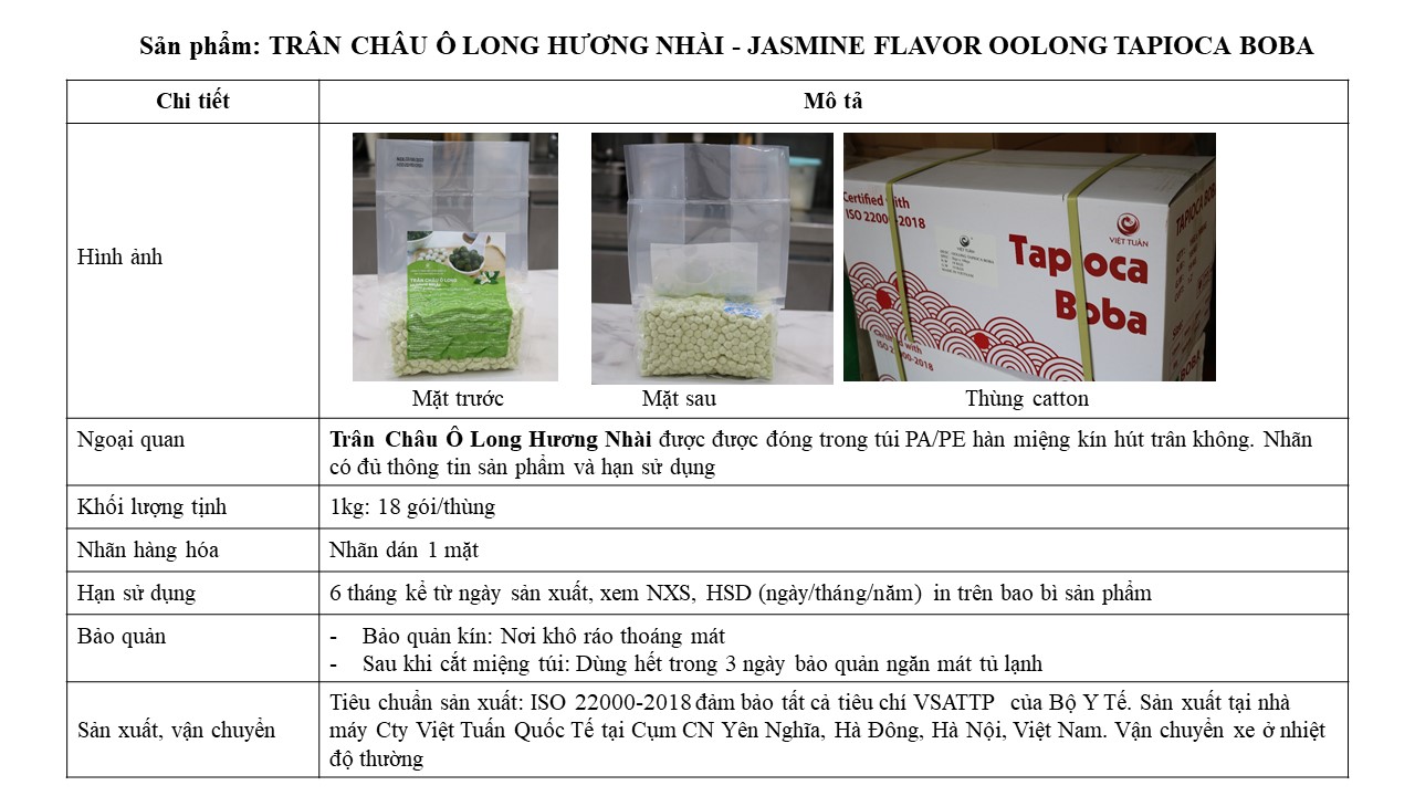 Trân Châu Ô Long Hương Nhài – Jasmine Flavor Oolong Tapioca Boba Việt Tuấn 1kg