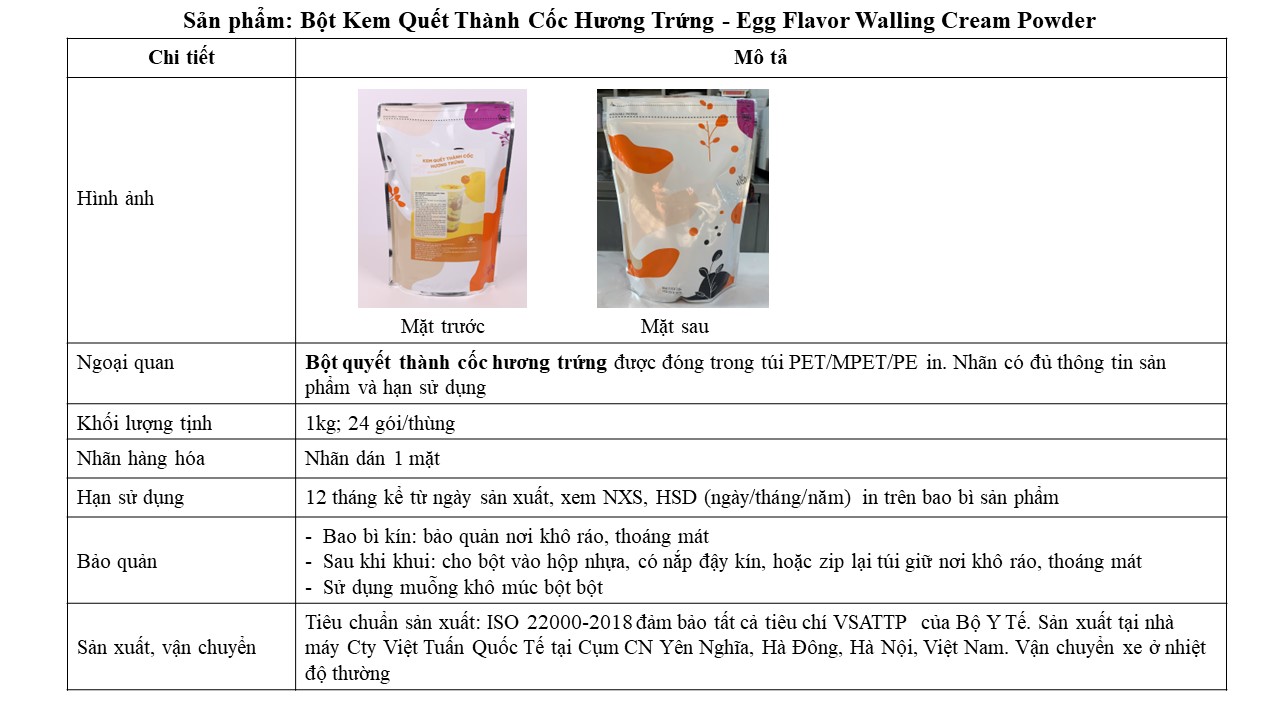 Bột Kem Quết Thành Cốc Hương Trứng - Egg Flavor Walling Cream Powder Việt Tuấn 1kg