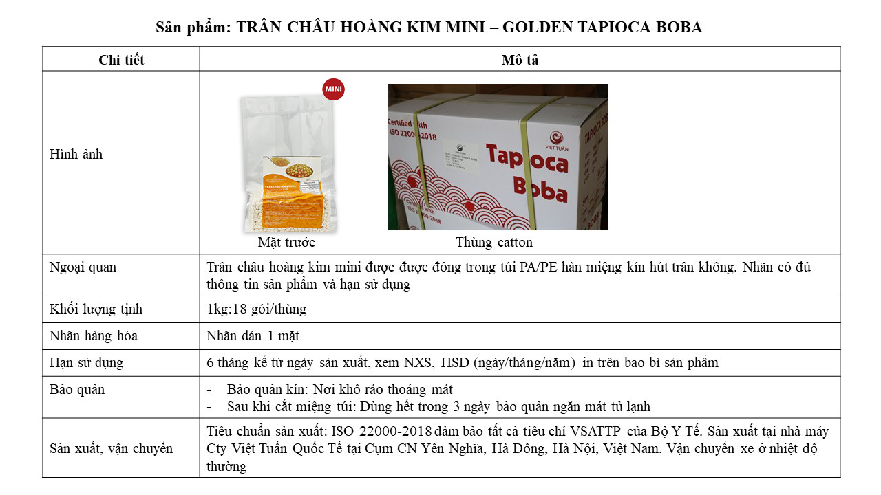 Trân Châu Hoàng Kim Mini - Golden Tapioca Boba Việt Tuấn 1kg