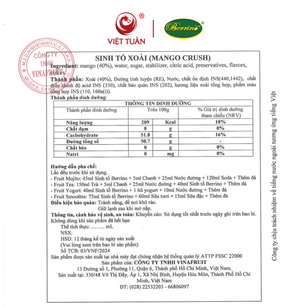 Sinh Tố Xoài Berrino 1L