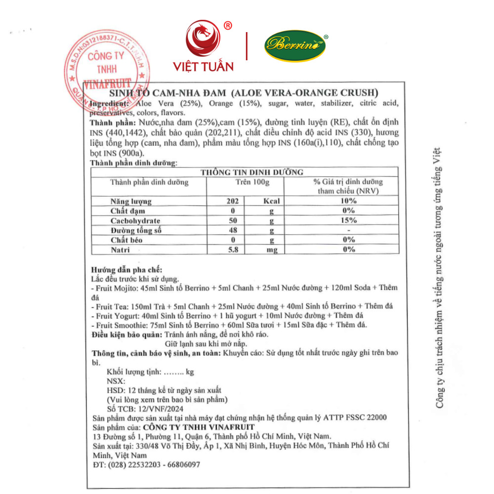 Sinh Tố Cam Nha Đam Berrino 1L