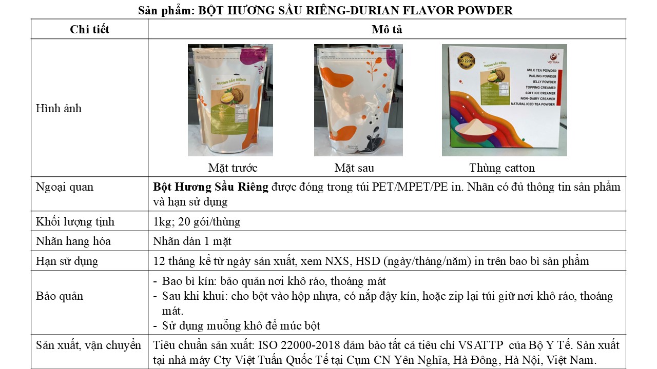 Catalog sản phẩm Bột Hương Sầu Riêng