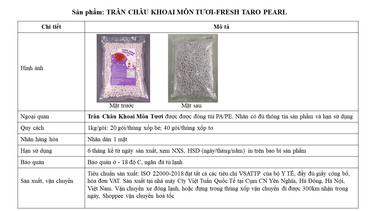 Trân Châu Khoai Môn Tươi - Fresh Taro Pearl Việt Tuấn 1kg