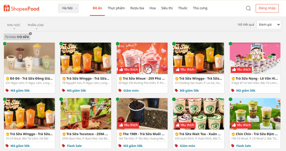 Các cửa hàng trà sữa trên Shopee Food