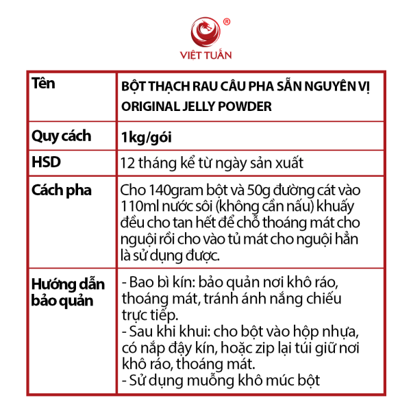 Bột Thạch Rau Câu Pha Sẵn Nguyên Vị Việt Tuấn 1kg