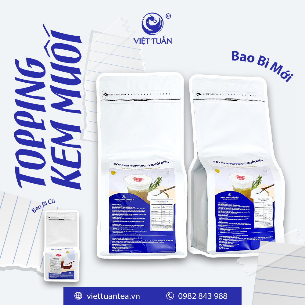 Bột Kem Topping Vị Muối Biển với tem nhãn mới bổ sung bảng thành phần rõ ràng