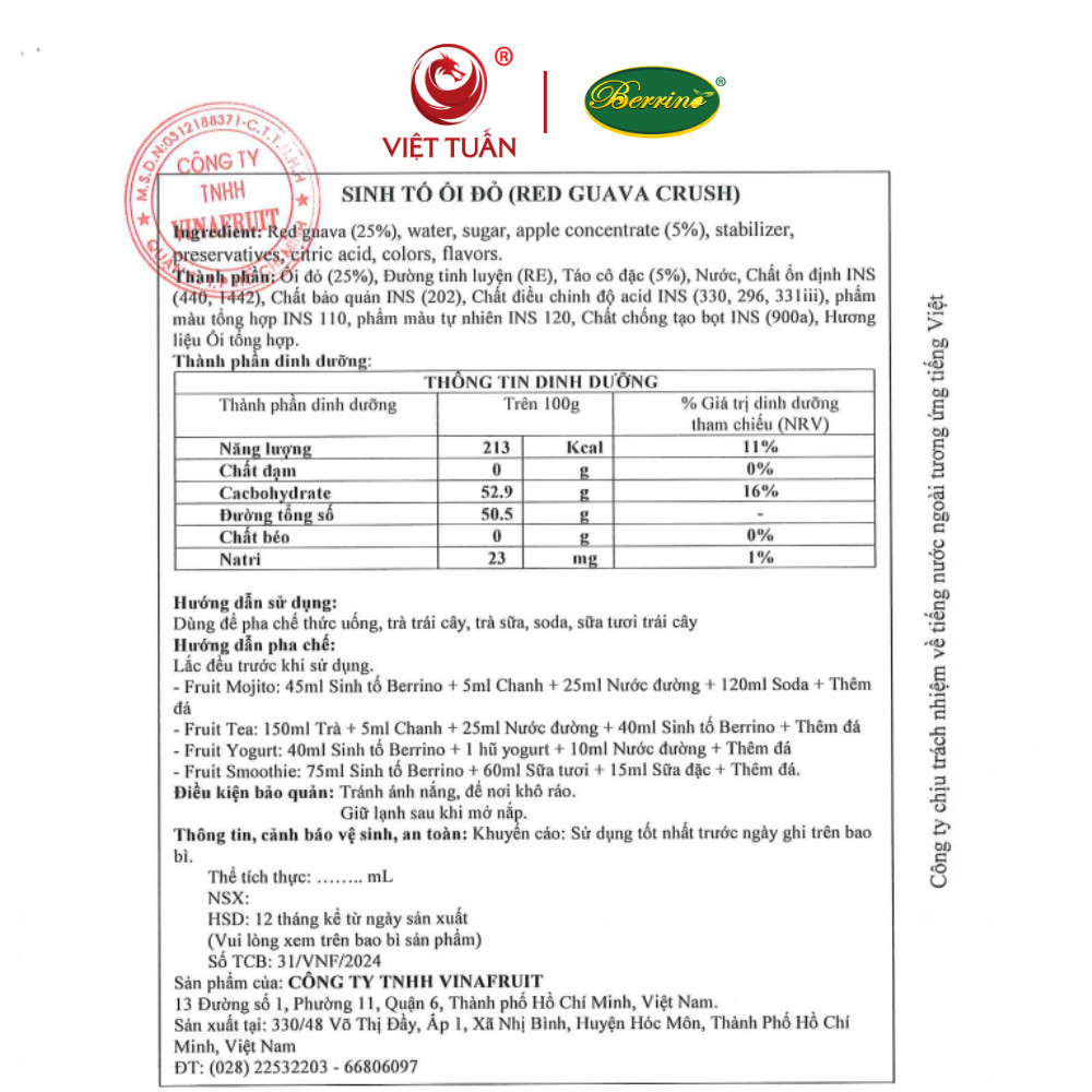 Sinh Tố Ổi Đỏ Berrino 1L