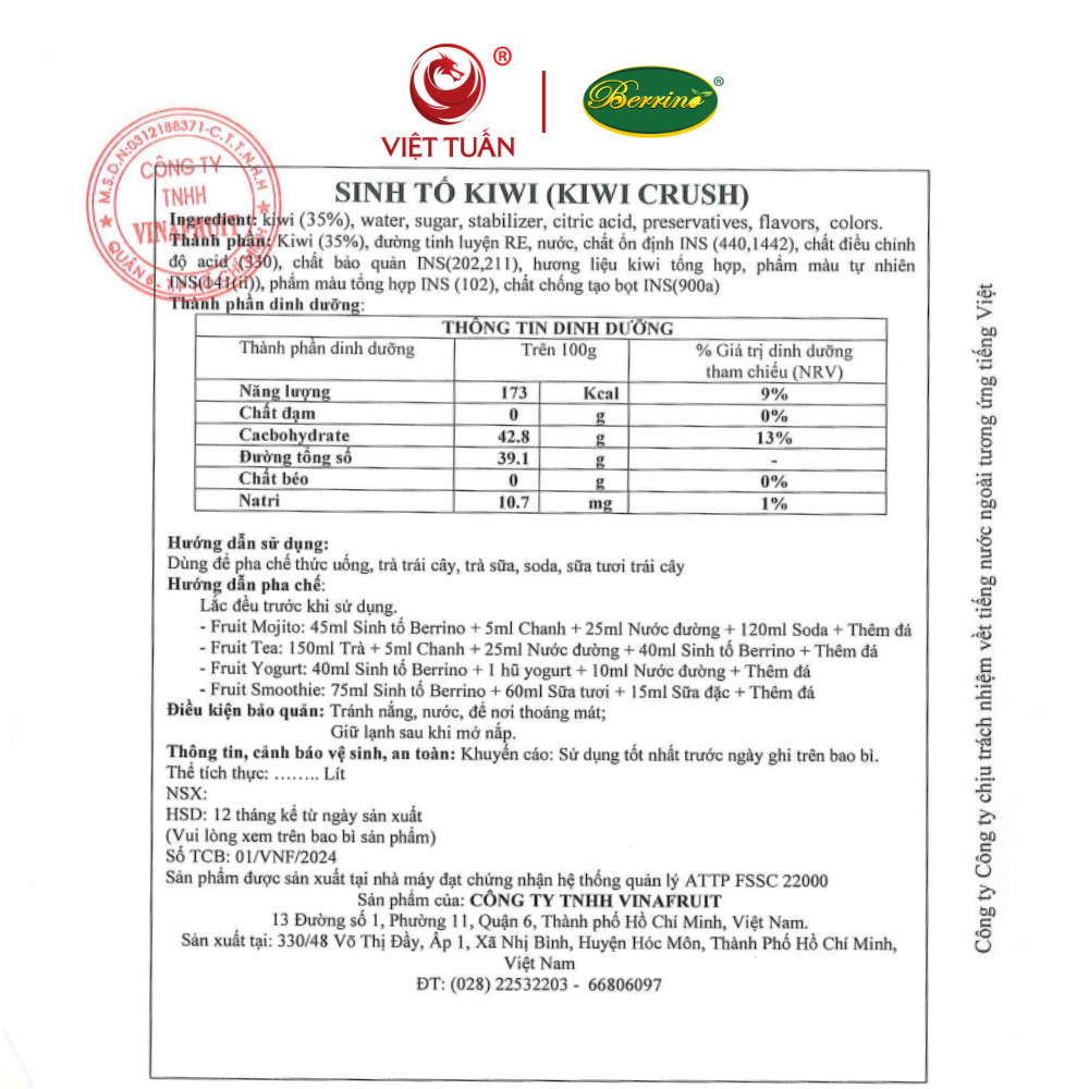 Sinh Tố Kiwi Berrino 1L