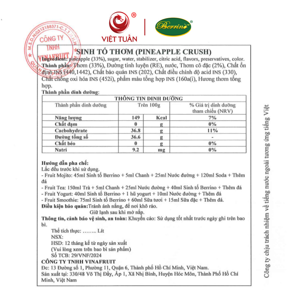 Sinh Tố Thơm Dứa Berrino 1L
