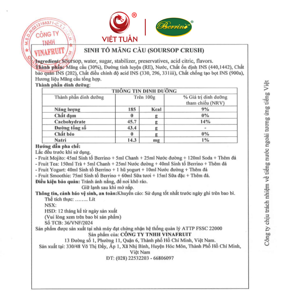 Sinh Tố Mãng Cầu Berrino 1L