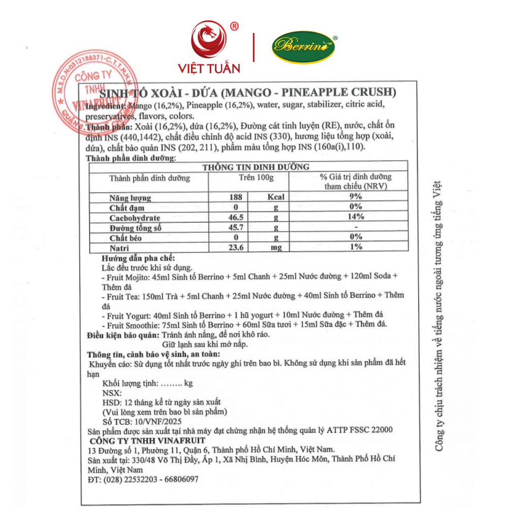 Sinh Tố Xoài Dứa Berrino 1L