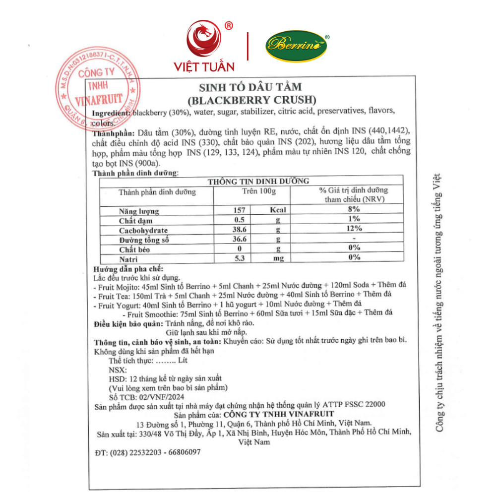 Sinh Tố Xoài Dứa Berrino 1L